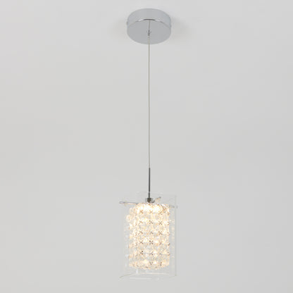 The Artika Crystal Cube 1-light LED pendant light features a chrome ceiling mount, a single cord, and a textured crystal-like cylindrical glass shade, shown illuminated against a plain white background.