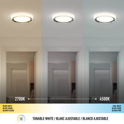 The Artika Cooper LED flush mount light, installed above a doorway, displays warm white (left, 2700K), neutral white (center), and cool white (right, 4500K). A remote and labels below show its adjustable color temperature feature.