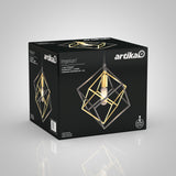 A black box featuring the Artika Imperium pendant light, showing a modern geometric light fixture with intersecting gold and black frames and an exposed bulb. The product name and branding are visible on the packaging.