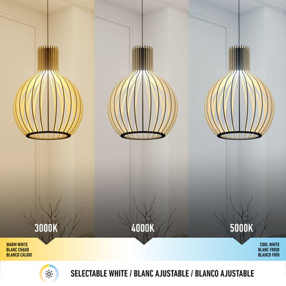 The Artika Tomi LED Pendant Light 3 CCT displays warm (3000K), neutral (4000K), and cool white (5000K) tones, each illuminating the wall with a unique color temperature.