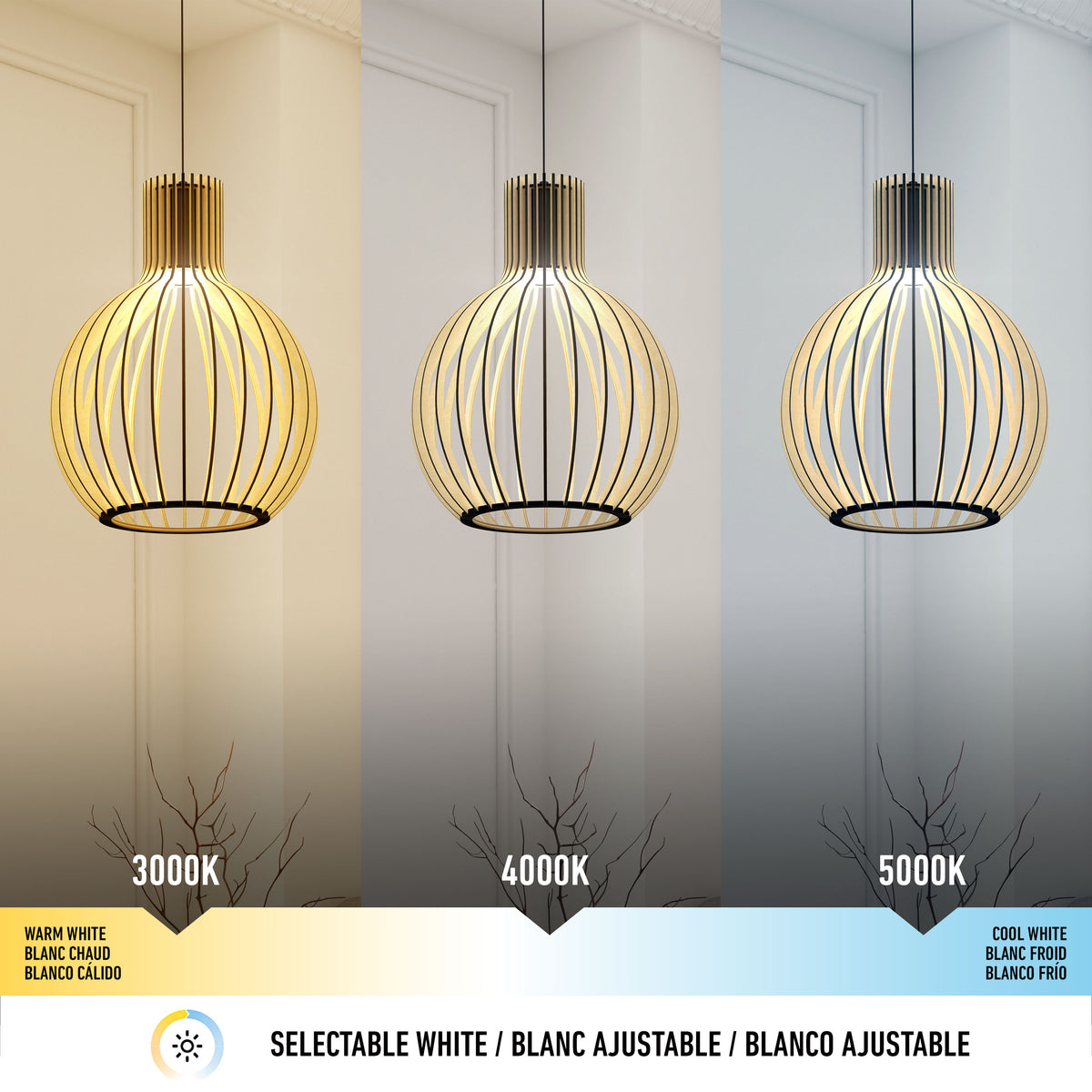 Three identical Artika Tomi LED Pendant Light 3 CCT fixtures hang in a row, each set to a different color temperature: warm white (3000K), neutral white (4000K), and cool white (5000K), with a color temperature scale displayed below.