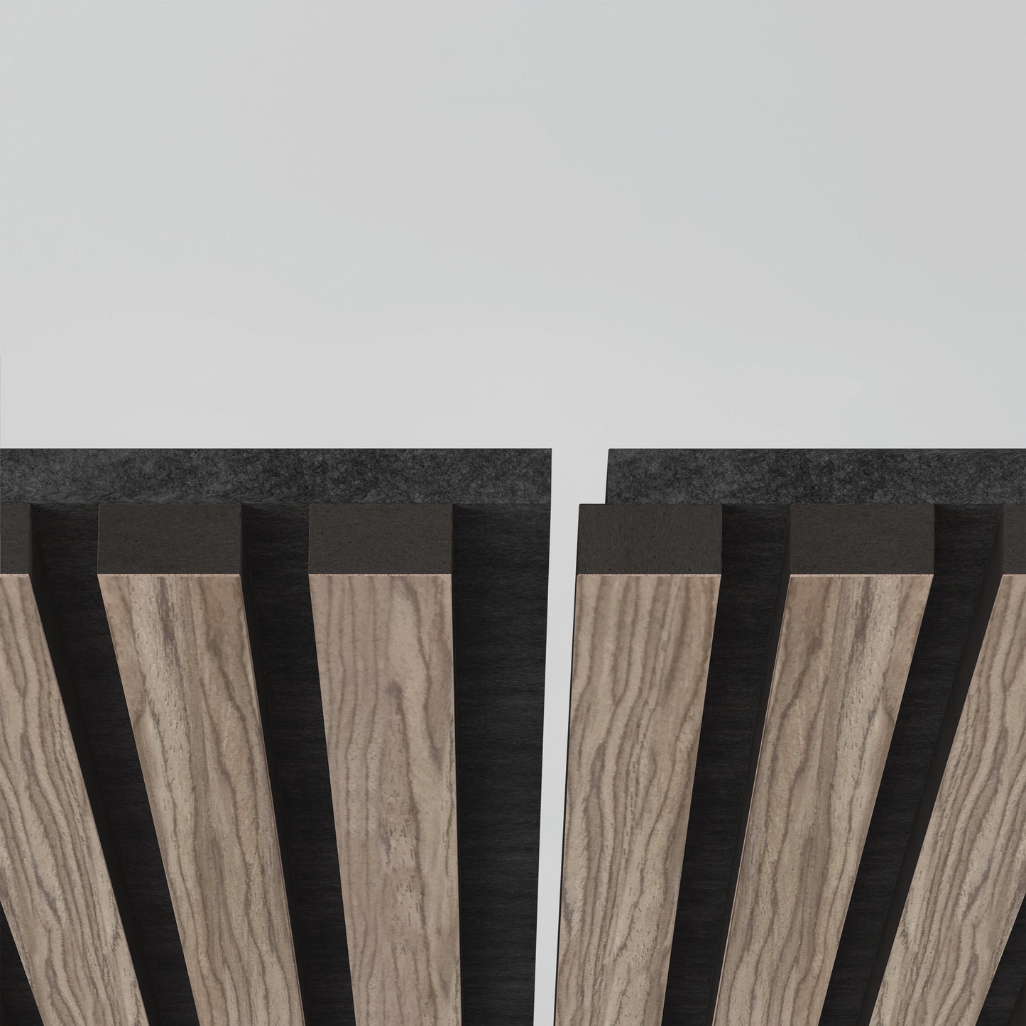 A close-up of the Artika-CAN-dev Sonolok 15.5 ft sound-absorbing wall panel kit shows vertical wooden slats with dark edges, aligned in parallel rows with gaps, set against a plain white background.