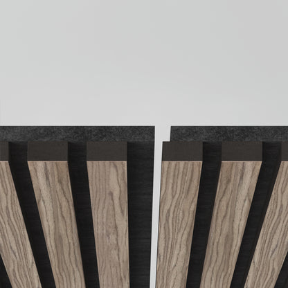 Close-up of Artika’s Sonolok 15.5 ft sound-absorbing wall panel kit: vertical wooden slats with dark tops, evenly spaced against a light gray background, forming a geometric, symmetrical pattern with a central gap.