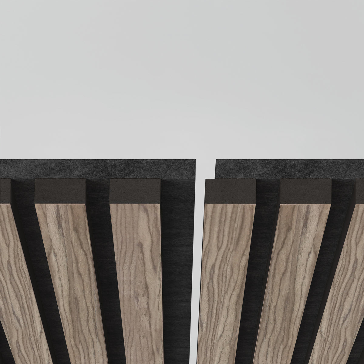 Close-up of vertical wooden panels with dark gaps between them, arranged against a plain light background, creating a symmetrical, modern, and geometric pattern.