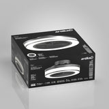 The image shows a black and gray Artika-branded box containing an Ellott ceiling fan with an integrated LED light, remote control, and three-speed settings, displayed against a plain light gray background.