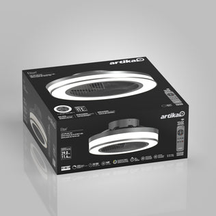A black and gray rectangular box with a light gray background displays the Artika Elton 19.4 in. LED modern ceiling fan (3 speeds) with remote, featuring product images, specs, icons, and the fan’s remote control on the packaging.