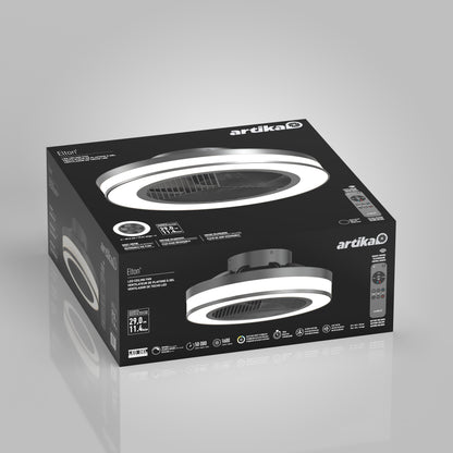 A black and gray rectangular box with a light gray background displays the Artika Elton 19.4 in. LED modern ceiling fan (3 speeds) with remote, featuring product images, specs, icons, and the fan’s remote control on the packaging.