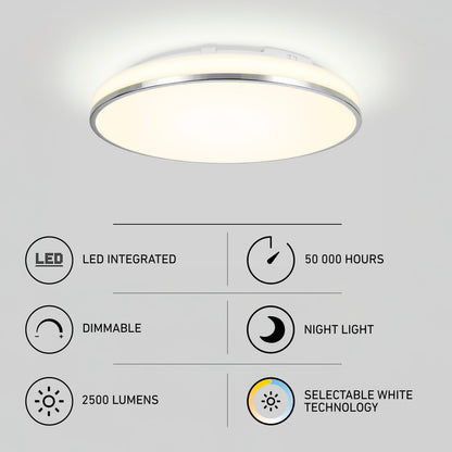 Artika Summit 15″ LED Flush Mount: dimmable, night light, 2500 lumens, 50K hrs, 5CCT selectable white.