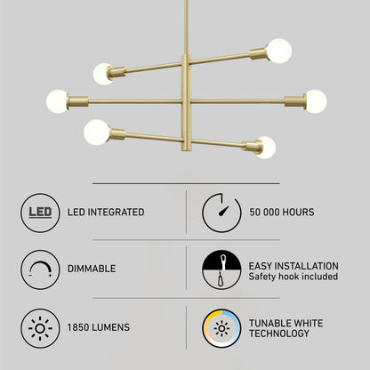 The Aristo LED 5 CCT pendant light by Artika features a modern brass design with six globe bulbs, offering LED integration, 50,000-hour lifespan, dimmable settings, easy installation, 1850 lumens brightness, and tunable white technology.