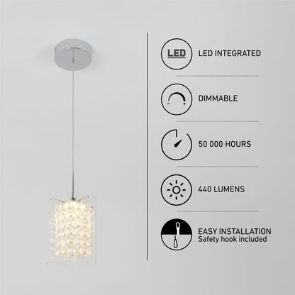 The Artika Crystal Cube 1-light LED pendant light features a crystal-covered shade, integrated dimmable LED (440 lumens), 50,000-hour lifespan, and easy installation—modern style meets high performance.