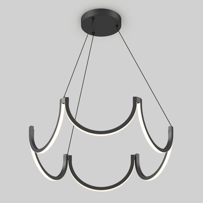The Artika Adelia LED pendant light 5 CCT features two curved segmented LED rings suspended by three wires from a round black base, creating a modern ceiling fixture against a light gray background.