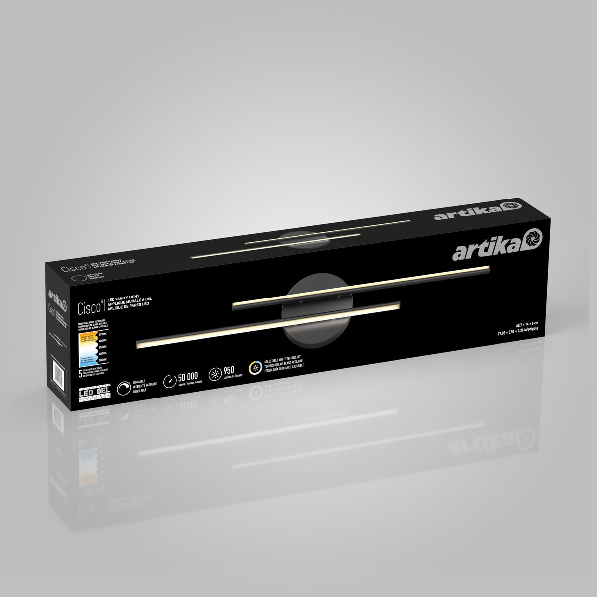 A black rectangular Artika branded box containing a Cisco1 integrated LED light fixture, with product image, specs, and energy efficiency details displayed on the packaging.