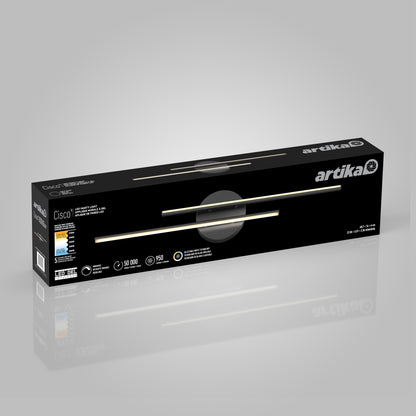 Rectangular black box packaging for Artika Cisco modern LED bathroom vanity light 5 CCT, with images of the linear fixture, product specs, icons, and branding on a gray gradient background.