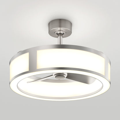The Artika Huxley 23 in. LED modern ceiling fan features a brushed metal fixture, circular LED light, minimalistic design, two blades, and three speeds, mounted on a white ceiling.