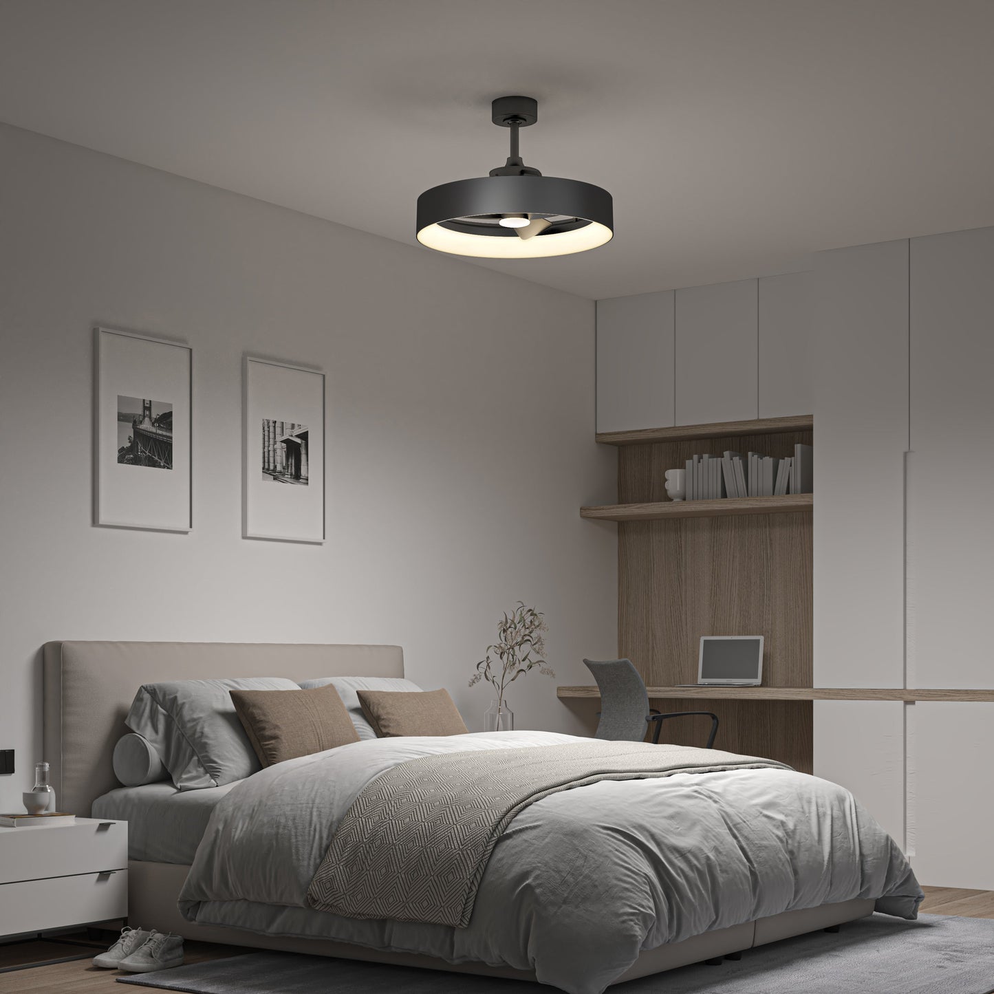 A modern bedroom features a large bed with gray bedding, neutral pillows, and minimalist decor. Above the bed is the Artika-CAN-dev Austin 23 in. LED modern ceiling fan with remote. The room also has wall art, built-in shelves, and a desk with chair.