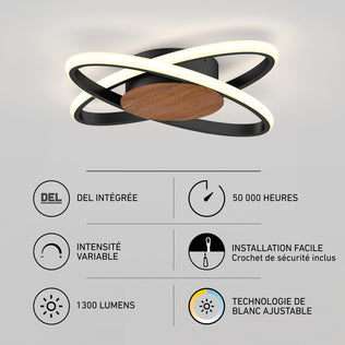 Artika Atomic 15 in. LED Flush Mount Ceiling Light with intersecting rings, wood-grain center, 5 CCT, integrated LED, and dimming capability.