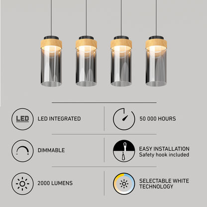 The Artika Hanson 4-light LED pendant features modern glass and wood accents, 2000 lumens, dimmable lighting, easy installation, 50,000-hour lifespan, and selectable white technology with 5 CCT options.