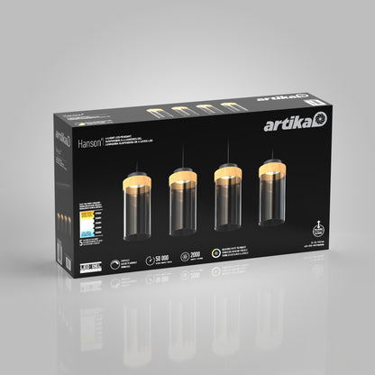 A black box for the Artika Hanson 4-light LED pendant 5 CCT is shown, with images of four gold and black pendants. Product features and energy ratings appear on the left side of the packaging.
