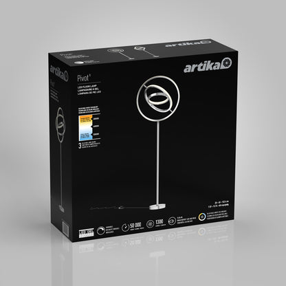 A sleek black box showcases the Artika Pivot modern LED floor lamp 3 CCT with its circular design, product image, and features highlighted in white and blue text on the front and sides.