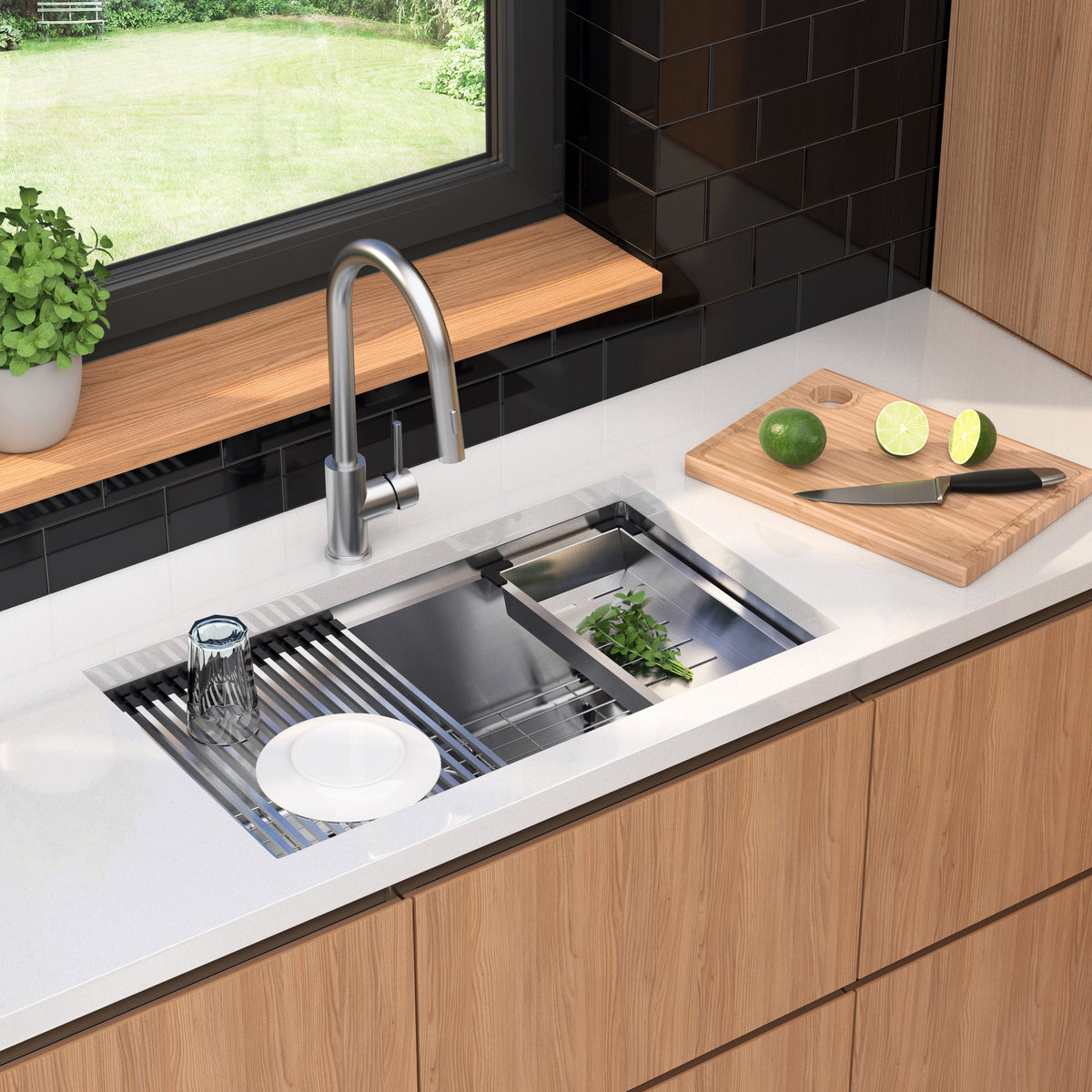 Newport 33 in. single bowl stainless steel workstation sink