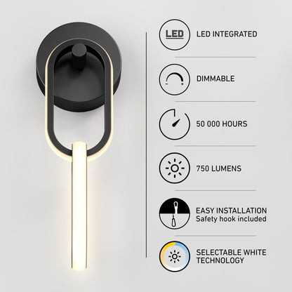 Artika’s Catena modern LED wall sconce 5 CCT features selectable white technology, 750 lumens, dimmable light, 50,000-hour lifespan, and easy installation with a safety hook.