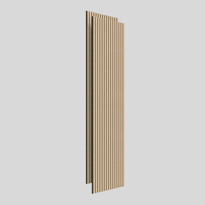 A pack of 2 Sonofold sound-absorbing wall panels by Artika, featuring light wood vertical slats with dark backing, stands upright against a plain light gray background.