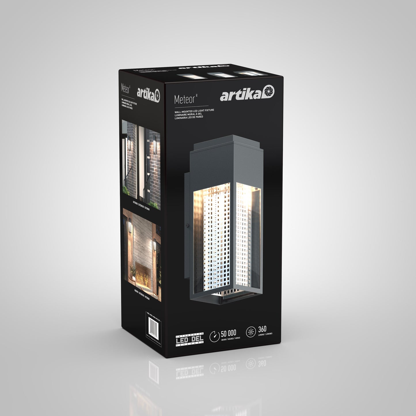 A black box for the Artika-CAN-dev Meteor LED indoor/outdoor wall light shows product images, an LED logo, 50,000-hour lifespan, and 340 lumens brightness, set against a light gray background.