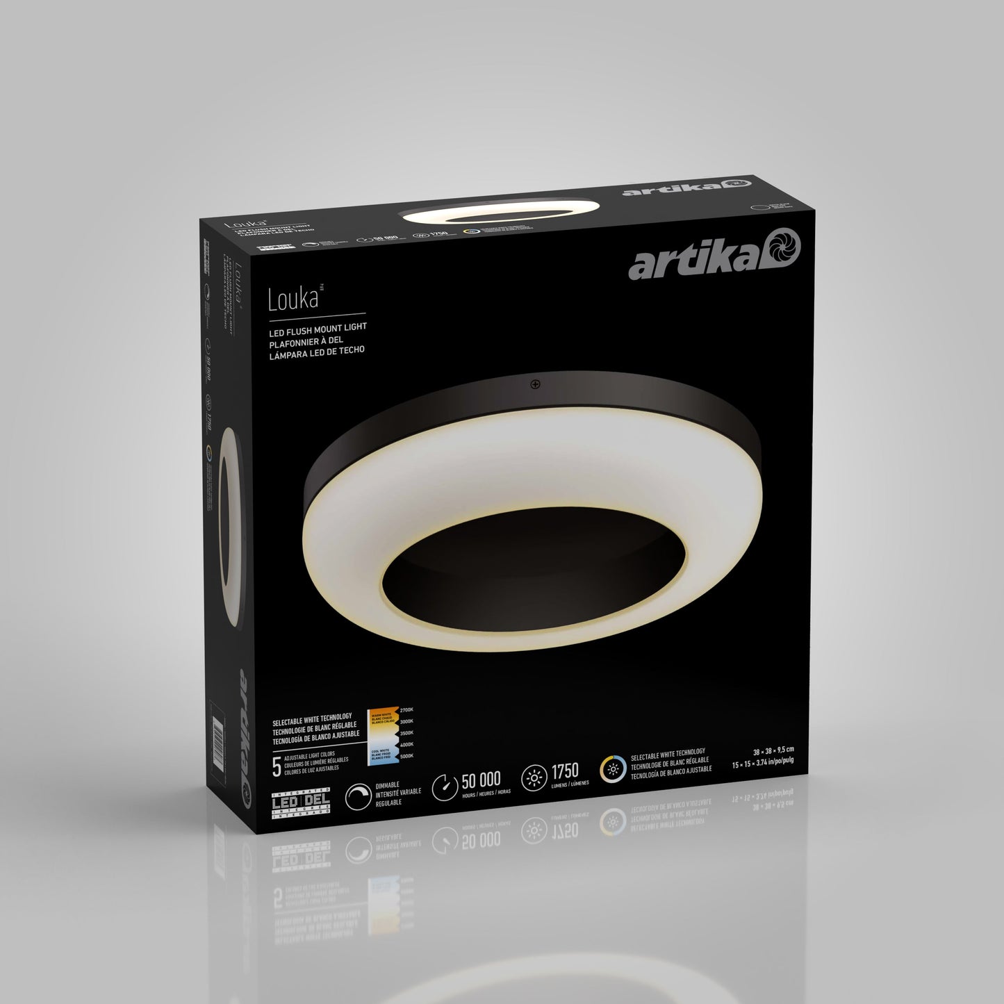 Packaging box for the Artika-CAN-dev Louka 15 in. modern LED flush mount light 5 CCT, featuring a round fixture with warm illumination. The sleek black design highlights adjustable white hues and product details in crisp white text.