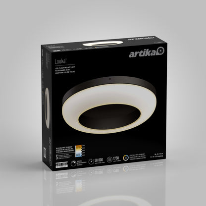 Packaging box for the Artika-CAN-dev Louka 15 in. modern LED flush mount light 5 CCT, featuring a round fixture with warm illumination. The sleek black design highlights adjustable white hues and product details in crisp white text.