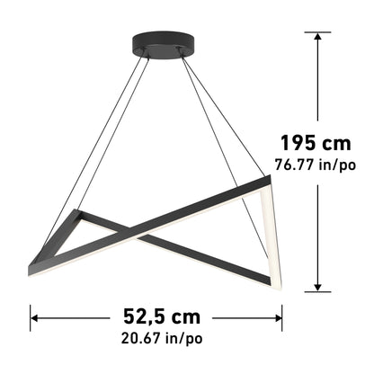 The Artika Artemis LED pendant light 3 CCT is a modern black geometric fixture hanging by three cables from a round ceiling mount, measuring 195 cm (76.77 in) high and 52.5 cm (20.67 in) wide.