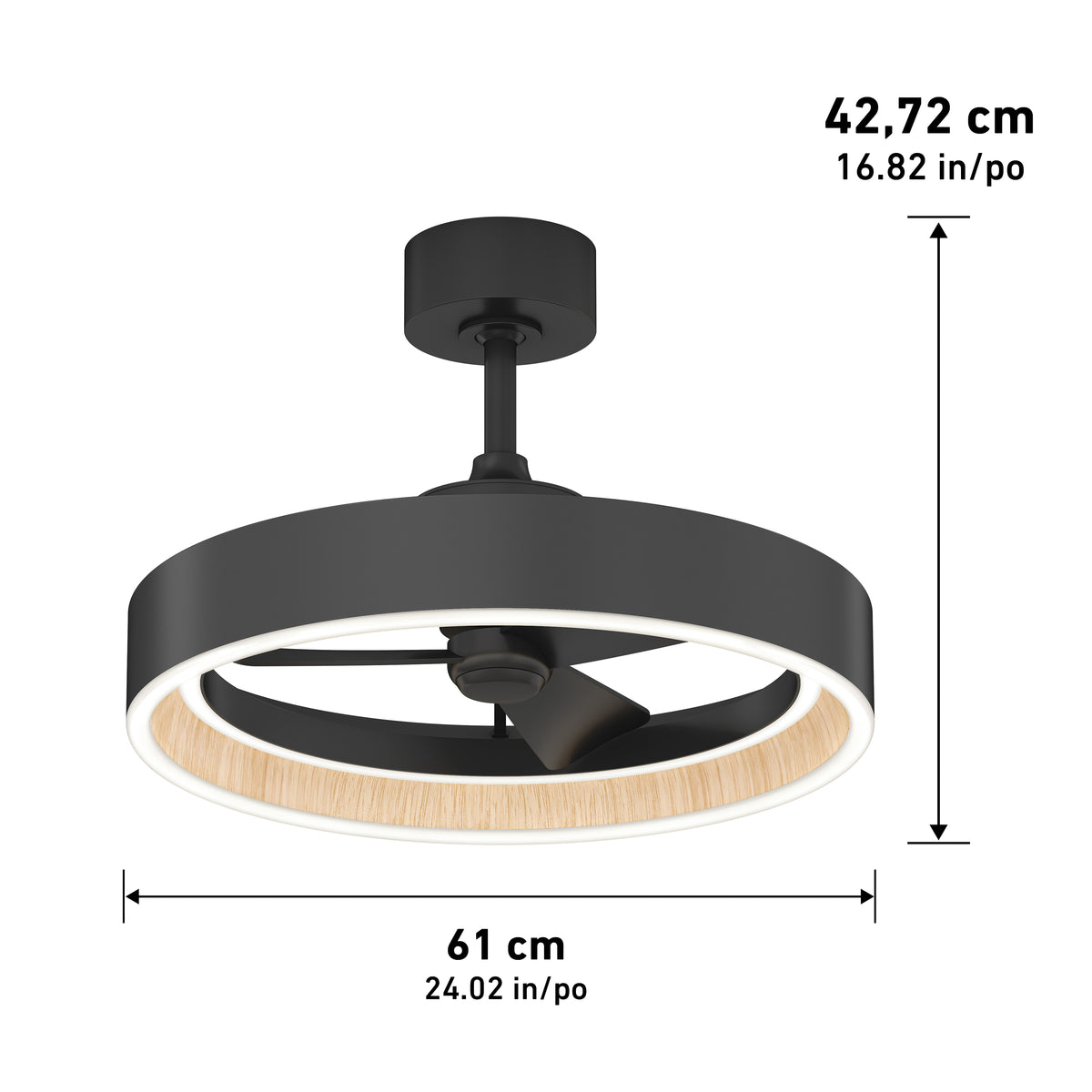 Circular black ceiling fan with integrated LED light and wood accent, measuring 61 cm (24.02 in) in diameter and 42.72 cm (16.82 in) in height, with arrows indicating the dimensions.