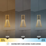A pendant light shown in three color temperatures: warm white (3000K), neutral white (4000K), and cool white (5000K) with corresponding lighting effects on the room, labeled in English, French, and Spanish.
