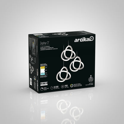 A black box displays the Artika Zephyr 3-light LED pendant with three intertwined rings, images of the fixture, and icons highlighting a 50,000-hour lifespan and 1900 lumens brightness.