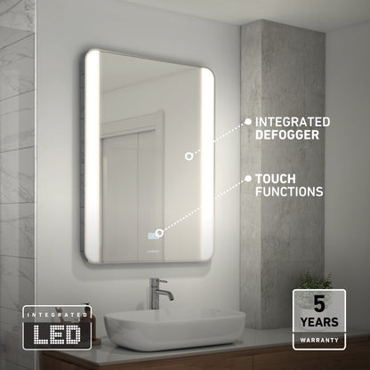 Artika Onyx 24″x32″ dimmable 3 CCT LED mirror with anti-fog, touch controls, and 5-year warranty above the sink.