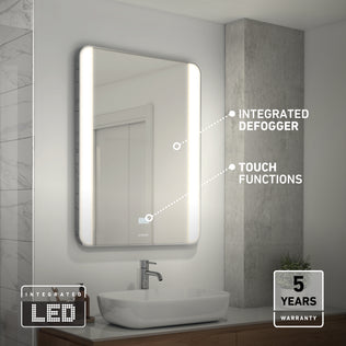 The Artika Onyx LED Mirror with Defogger 3 CCT features touch controls and a 5-year warranty in a modern chrome bathroom setting.