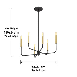 Artika Manchester 6-light pendant, black/gold, adjustable height to 184.6 cm, width 66.4 cm; transitional style.