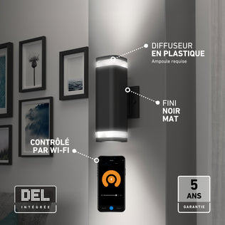 Stark modern LED indoor-outdoor light with wi-fi: a matte cylindrical wall light with top and bottom illumination, plastic diffuser, and warranty.