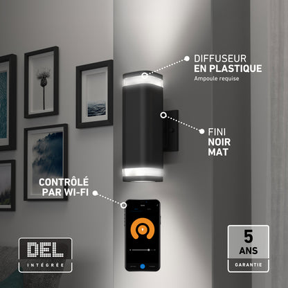 Stark modern LED indoor-outdoor light with wi-fi: a matte cylindrical wall light with top and bottom illumination, plastic diffuser, and warranty.