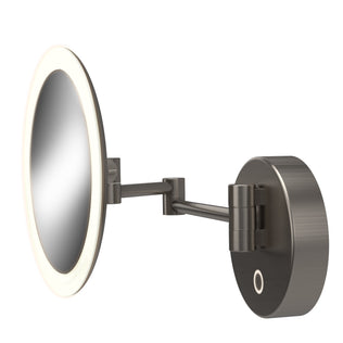 Artika Radia 9 in. cordless LED cosmetic mirror with light ring, adjustable arm, 5x magnification, and brushed metal finish.
