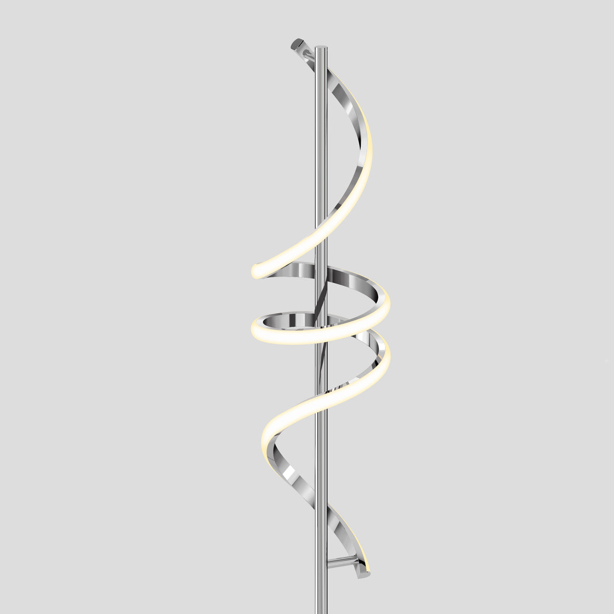 The Artika Coda modern LED floor lamp 5CCT features a dimmable metallic pole and an illuminated helical LED strip, showcased against a plain light gray background.