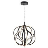 Modern pendant light with curved, black metal bands and integrated LED strips, forming an abstract, spherical shape. The fixture hangs from a thin cord attached to a round ceiling mount.