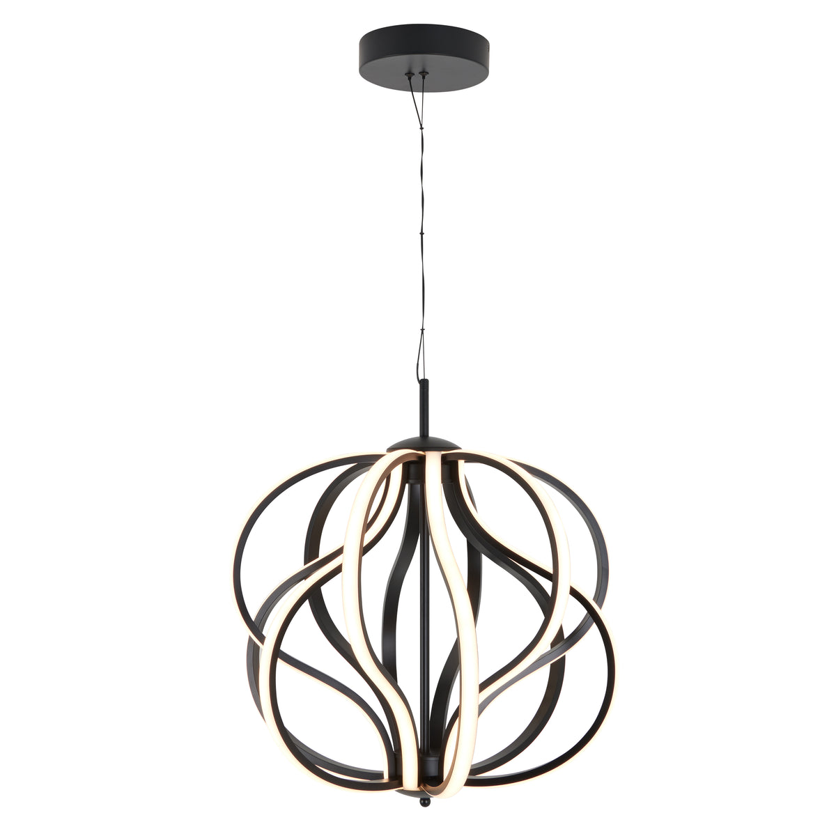 The Artika Meridian LED pendant light features black and gold curved metal bands forming an abstract sphere, suspended from the ceiling with a thin black cord and circular mount.