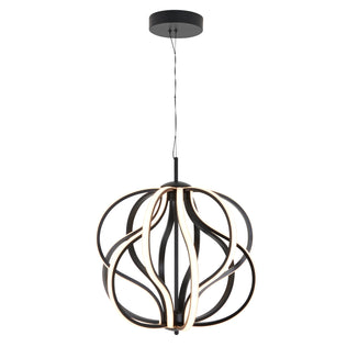The Artika Meridian LED pendant light features black and gold curved metal bands forming an abstract sphere, suspended from the ceiling with a thin black cord and circular mount.