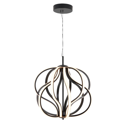 The Artika Meridian LED pendant light features black and gold curved metal bands forming an abstract sphere, suspended from the ceiling with a thin black cord and circular mount.