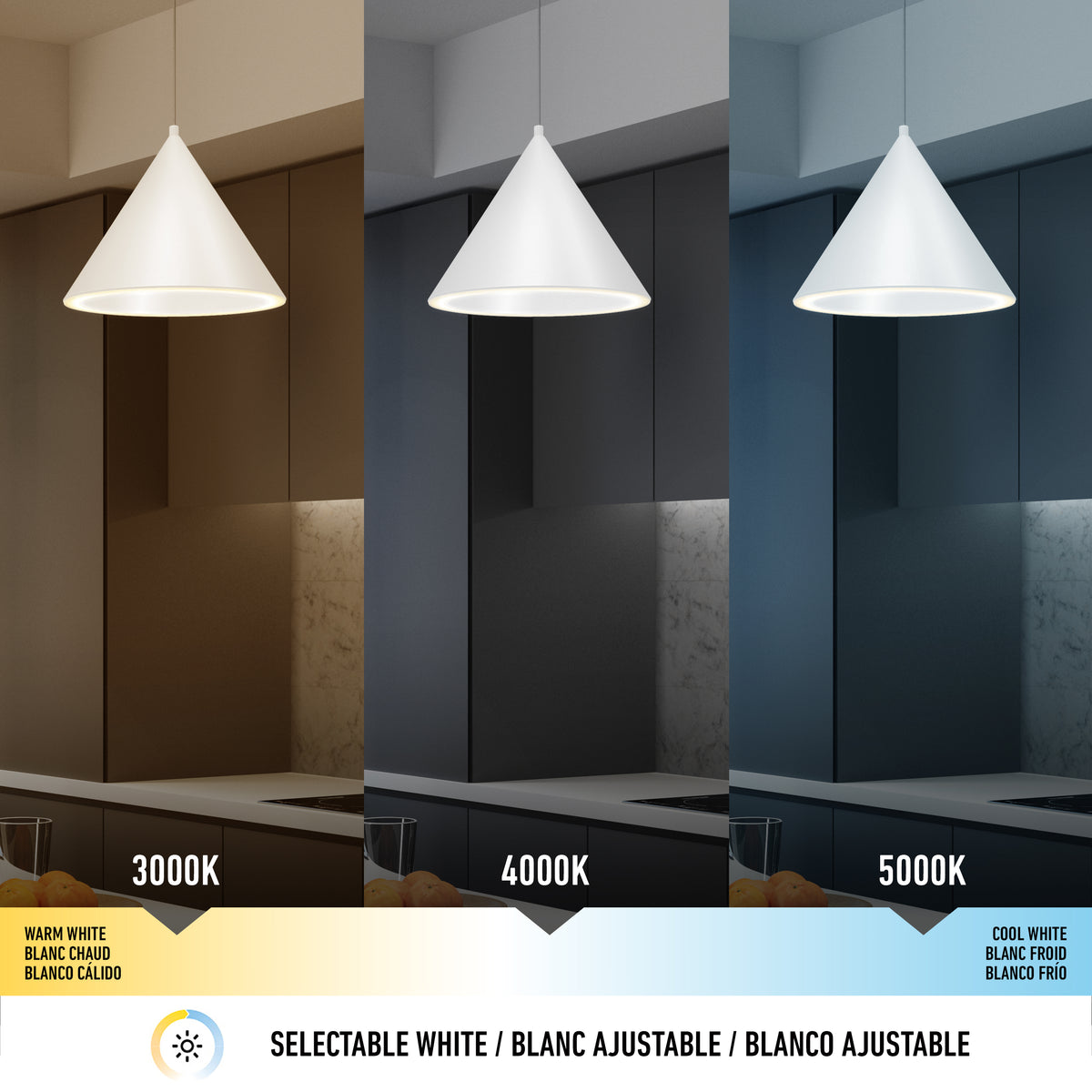 Three kitchens with Artika Denali modern LED pendants show 3 CCT: warm, neutral, and cool white with integrated LED.