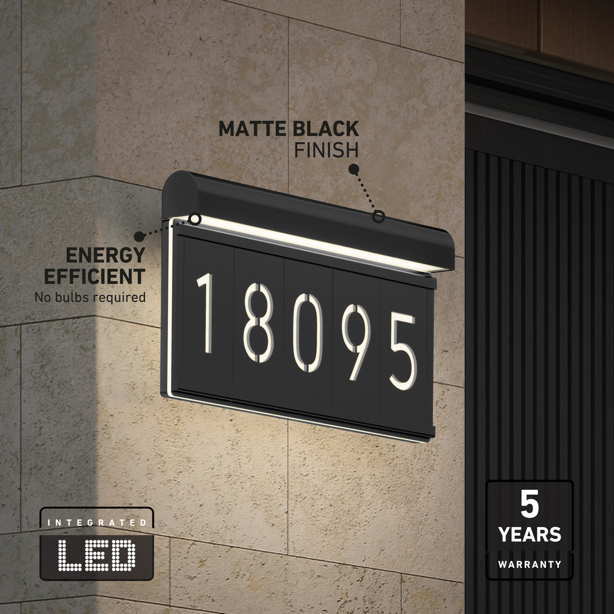 A modern black LED house number sign with “18095” illuminated, mounted on a stone wall. Features include a matte black finish, energy efficiency (no bulbs), and a 5-year warranty.