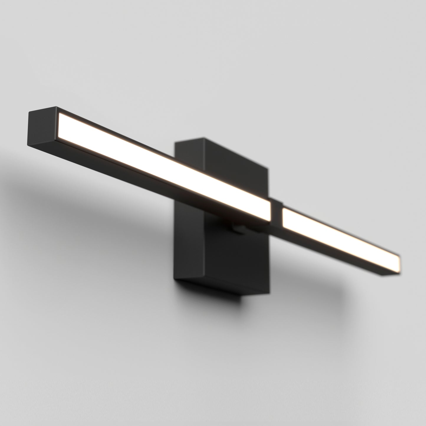 The Artika Convertible Pro 2 Wall Mounted bathroom vanity light is a modern rectangular black sconce featuring a long horizontal LED bar, shown here mounted on a plain white wall.