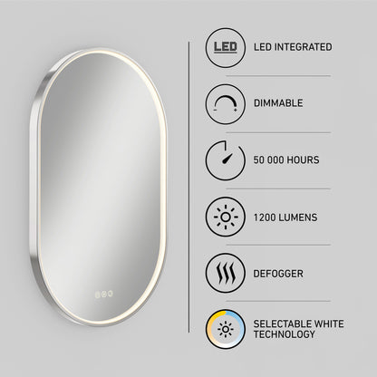 The Artika Royce LED mirror 3 CCT with defogger is mounted on a gray wall, featuring integrated LEDs, dimming, selectable white technology, 50,000-hour lifespan, 1200 lumens brightness, and touch controls.