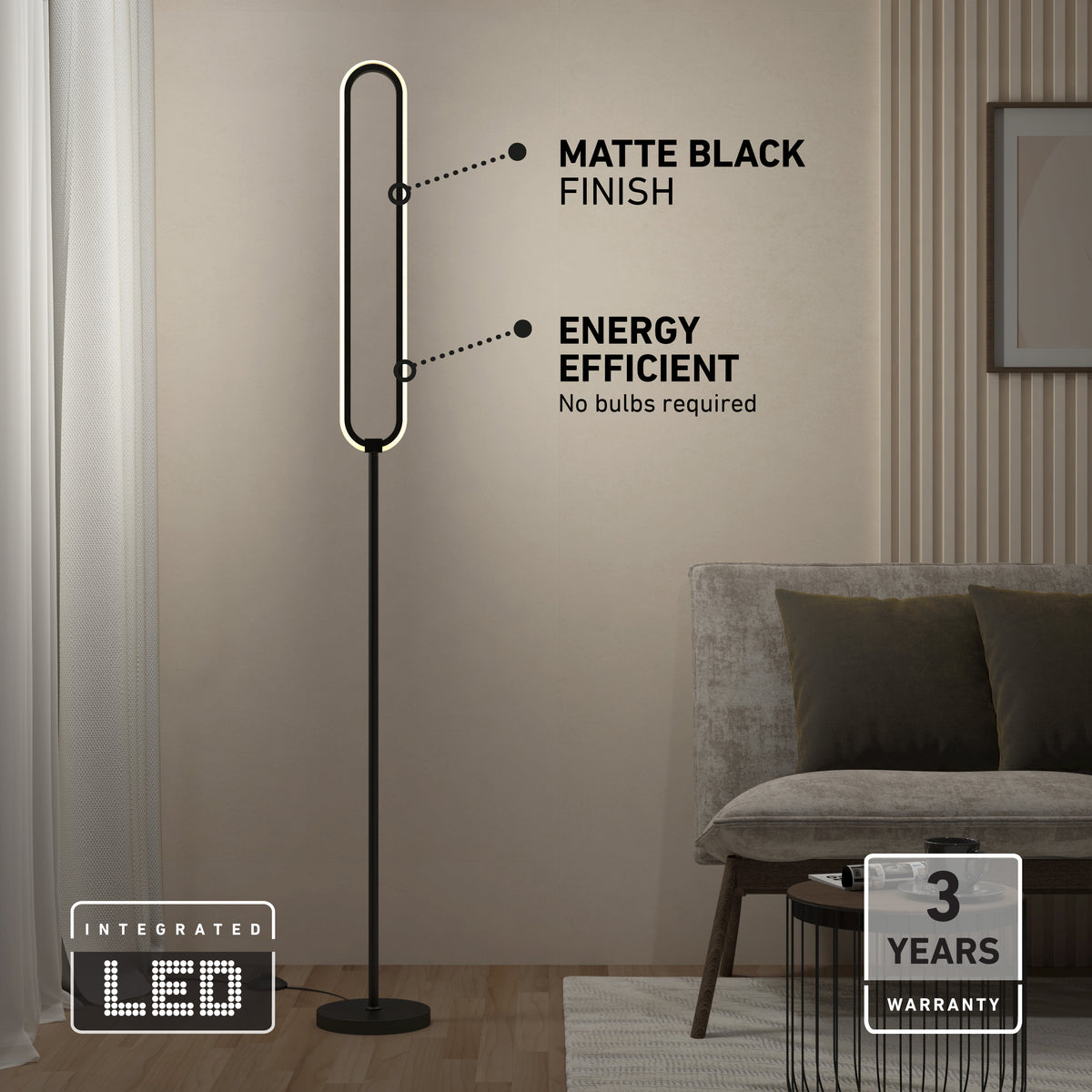 A modern black floor lamp with an oval LED light stands next to a sofa and rug. Text points out its matte black finish and energy efficiency. Icons show it has integrated LED and a 3-year warranty.