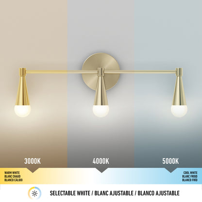 The Artika Wayden LED mid-century bathroom vanity light features three bulbs, each offering a different color temperature—warm white (3000K), neutral white (4000K), and cool white (5000K)—displayed against a color gradient background.